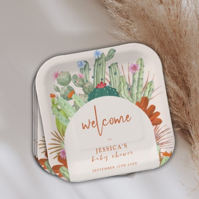Assiettes En Carton Boho Cactus Arch Desert Pampas Baby shower Bienven (Boho Cactus Arch Desert Pampas Baby Shower Welcome Paper Plates)