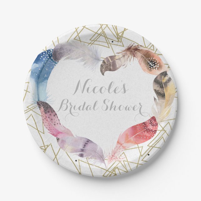 Assiettes En Carton Boho Chic Feather Coeur Personnalisé Party (Devant)