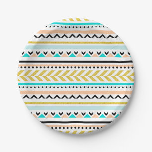 Assiettes En Carton Boho Chic Gold Turquoise Motif Aztec