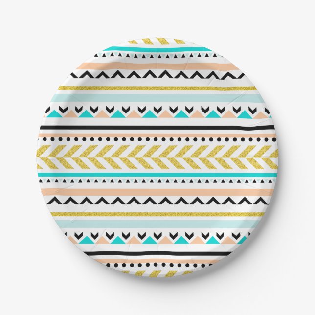 Assiettes En Carton Boho Chic Gold Turquoise Motif Aztec (Devant)