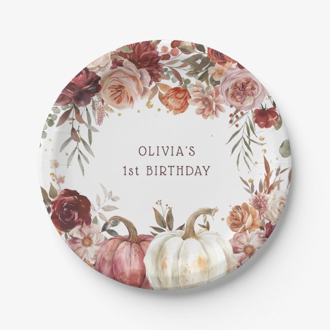Assiettes En Carton Boho Citrouille Autumn Bloom Anniversaire (Devant)