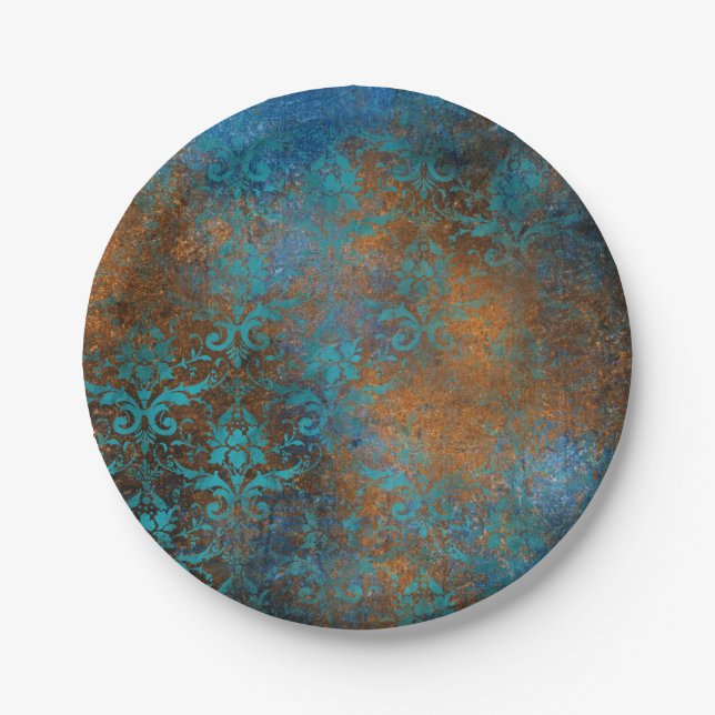 Assiettes En Carton Boho Cuivre bleu Floral Damask Grunge (Devant)