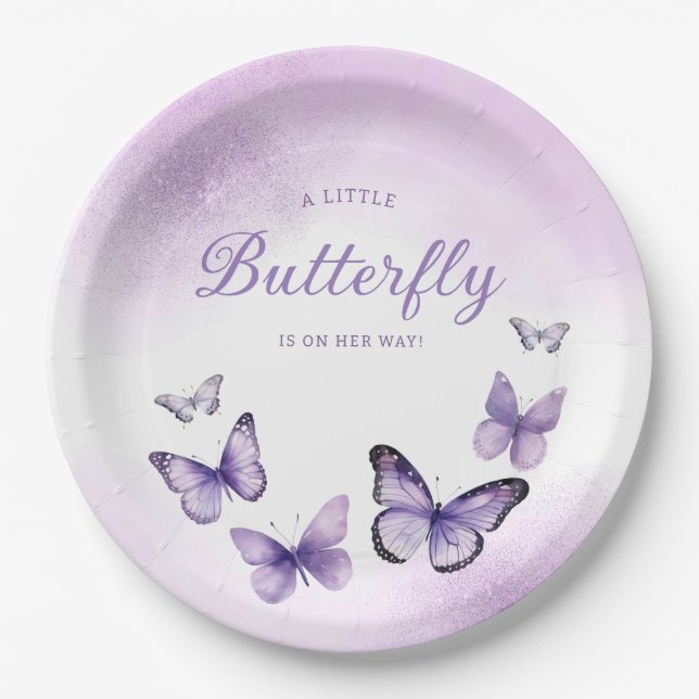 Assiettes En Carton Boho Cute Aquarelle violet Baby shower papillon (Devant)