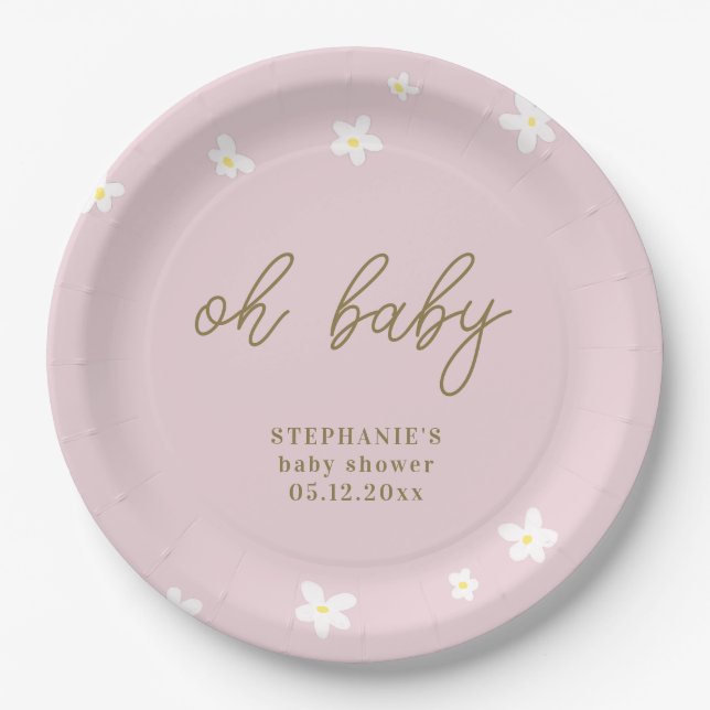 Assiettes En Carton Boho Daisies Rose Or Oh Baby Girl Douche (Devant)