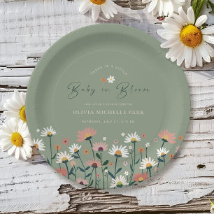 Assiettes En Carton Boho Daisy Floral Sage Green Baby in Bloom Shower