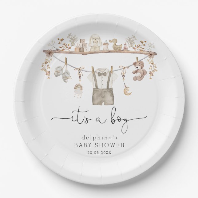 Assiettes En Carton Boho doux petit Baby shower garçon Gentleman (Devant)