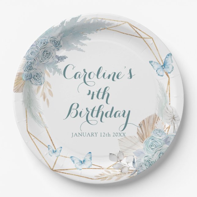 Assiettes En Carton Boho Dusty Bleu flotter sur le papillon Anniversai (Devant)