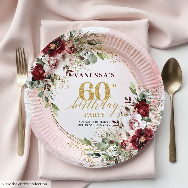 Assiettes En Carton Boho Élégant Roses Bourguignonnes Dorées 60 Ans An (Sophisticated Boho Burgundy Gold Roses 60 Birthday Paper Plates)