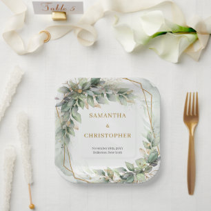 Assiettes En Carton Boho Eucalyptus verdure branches or mariage