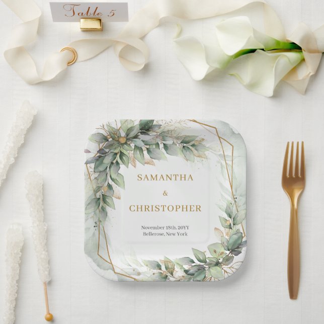 Assiettes En Carton Boho Eucalyptus verdure branches or mariage (Mariage)