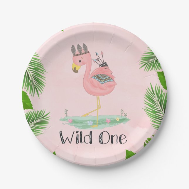 Assiettes En Carton Boho Flamant rose Wild One Bird Party (Devant)