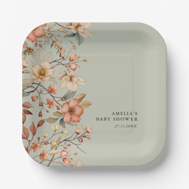 Assiettes En Carton Boho Fleur sauvage Floral Sage Baby shower vert (Recto)