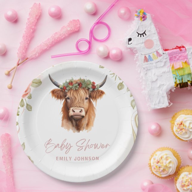Assiettes En Carton Boho Fleurs Highland Cow (Fête)