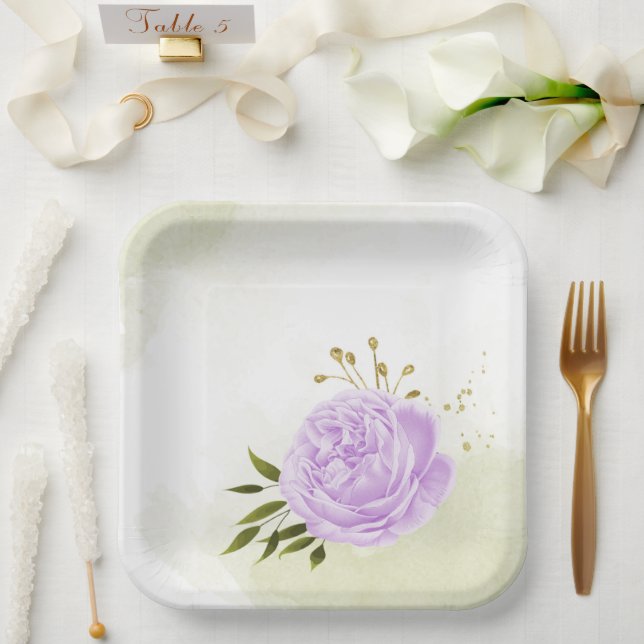 Assiettes En Carton Boho fleurs violettes vert feuille botanique (Mariage)