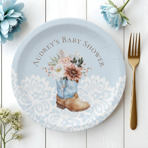 Assiettes En Carton Boho Floral Western Blue Cowboy Boot Baby shower