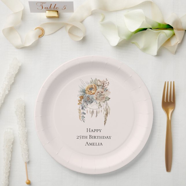 Assiettes En Carton Boho Flower Bouquet et Dreamcatcher Anniversaire (Mariage)