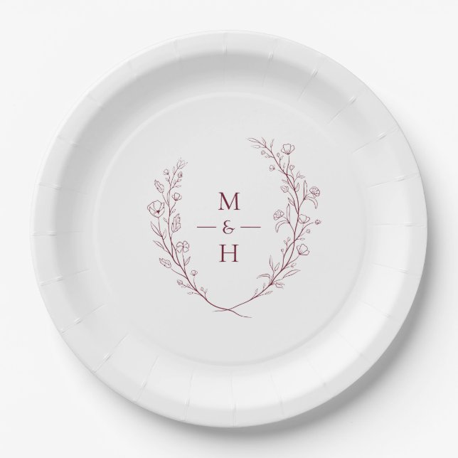 Assiettes En Carton Boho Modern Botanical Monogram Wedding Party (Devant)