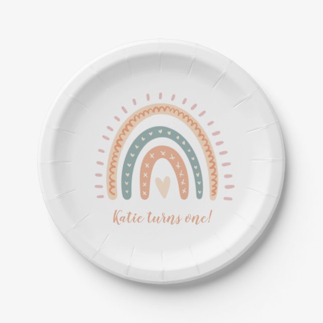 Assiettes En Carton Boho moderne Rainbow Pastel Premier anniversaire (Devant)