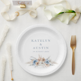 Assiettes En Carton boho pampas bleu poussiéreux mariage
