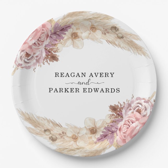 Assiettes En Carton Boho Pampas Grass Floral Violet Mariage (Devant)
