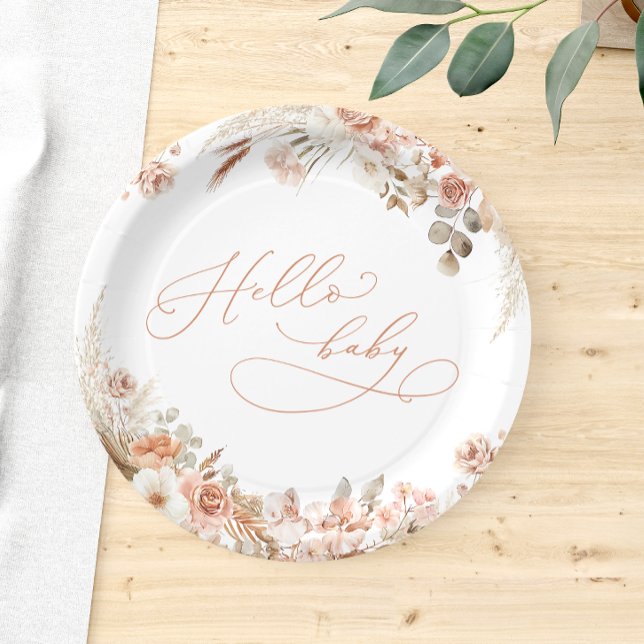 Assiettes En Carton Boho Pampas Grass Hello Baby Baby shower (Créateur téléchargé)