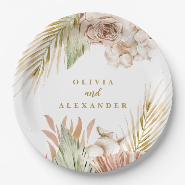 Assiettes En Carton Boho Pampas Mariage de fleurs séchées tropicales (Devant)
