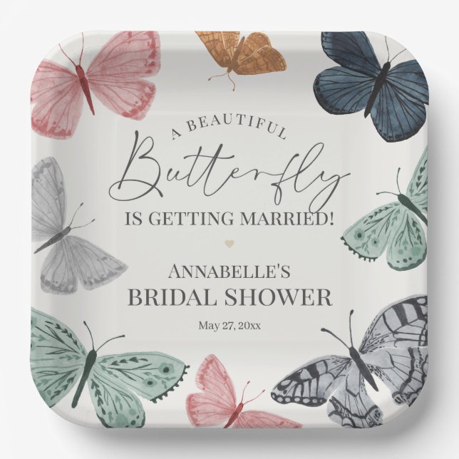 Assiettes En Carton Boho Papillon Fête de Mariage de la Mariée (Recto)