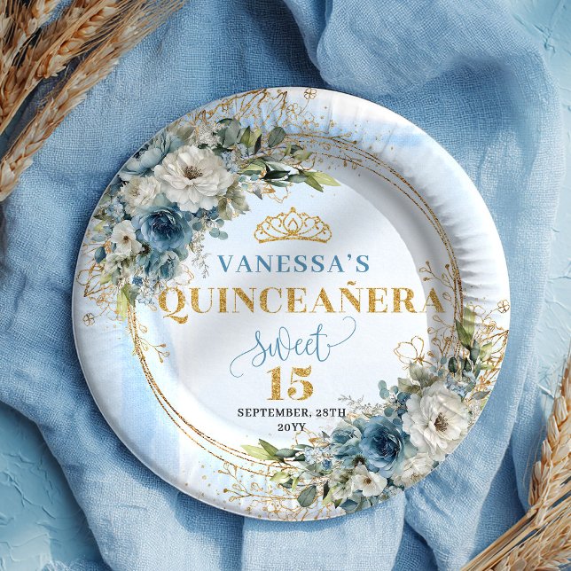Assiettes En Carton Boho Pastel Blue Flowers Gold Personalized Quince (Boho Pastel Blue Flowers Gold Personalized Quince)