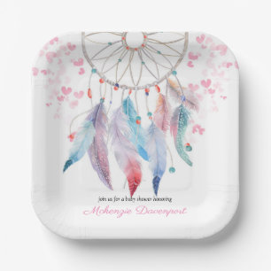 Assiettes En Carton Boho Pastel Feathers Dreamcatcher Girl Baby shower