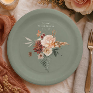 Assiettes En Carton Boho Peach et rouille floral vert sauge Baby Showe