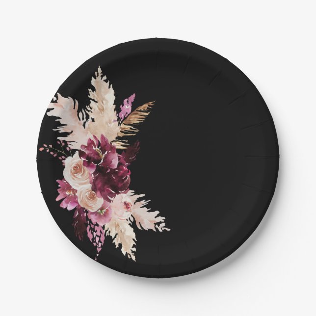 Assiettes En Carton Boho Premium Rose Bourgogne Black Mariage (Devant)