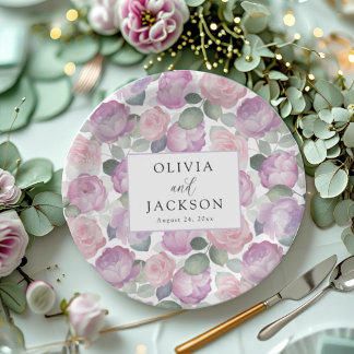 Assiettes En Carton Boho Purple & Pink Watercolor Floral Wedding