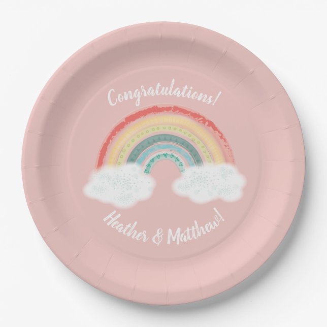 Assiettes En Carton Boho Rainbow Baby shower rose (Devant)
