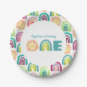 Assiettes En Carton Boho Rainbow & Suns 1er Anniversaire bleu Aquarell