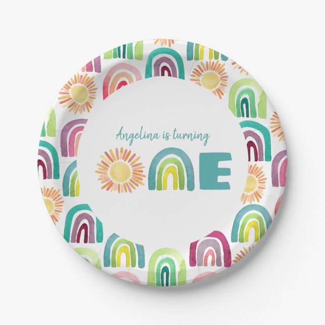 Assiettes En Carton Boho Rainbow & Suns 1er Anniversaire bleu Aquarell (Devant)