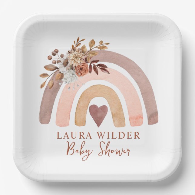 Assiettes En Carton Boho Rainbow Terracotta Brown Baby shower rouille (Recto)