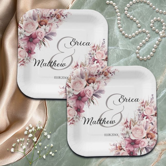 Assiettes En Carton Boho rose Dusty Floral Mariage de script moderne (Créateur téléchargé)