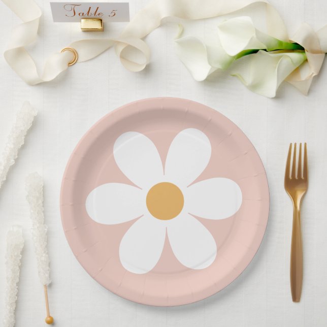 Assiettes En Carton Boho rose marguerite rétro (Mariage)