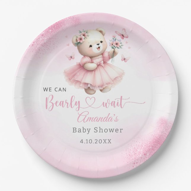 Assiettes En Carton Boho rose moderne Teddy Bear fille baby shower (Devant)