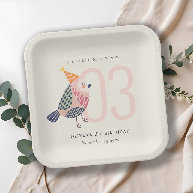 Assiettes En Carton Boho rose mou Birdie N'importe quel âge Anniversai (Créateur téléchargé)