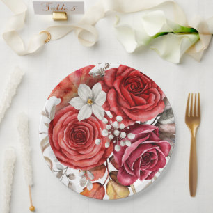 Assiettes En Carton Boho rouge automne Florals Mariage