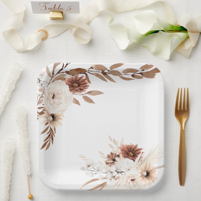 Assiettes En Carton Boho Sienna et Plaques en papier floral beige (Mariage)