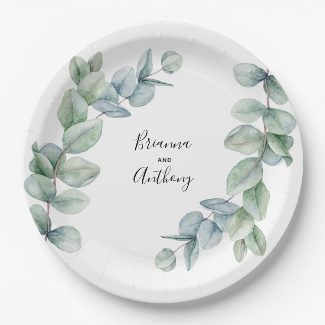 Assiettes En Carton Boho simple Aquarelle Eucalyptus Mariage de verdur (Devant)