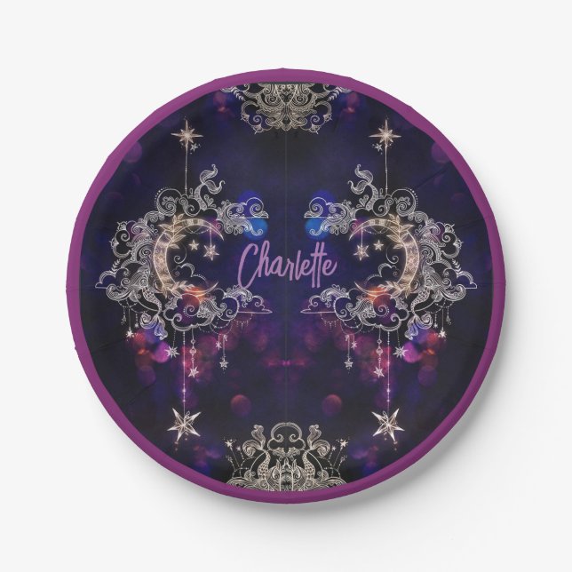 Assiettes En Carton Boho Stars & Moon Purple Nom Anniversaire Fête (Devant)