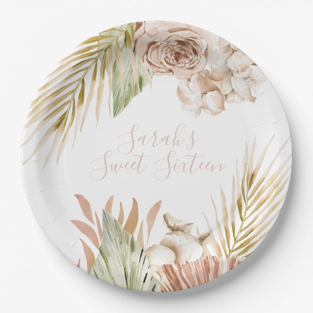 Assiettes En Carton Boho Sweet 16 Fleurs séchées d'anniversaire (Devant)