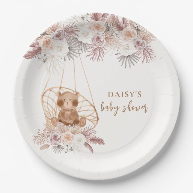 Assiettes En Carton Boho Teddy Bear Pampas Baby shower Fleur (Devant)