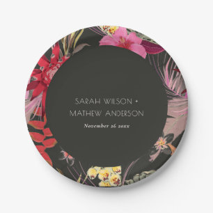 Assiettes En Carton Boho Tropical Dark Lively Red Blush Floral Mariage