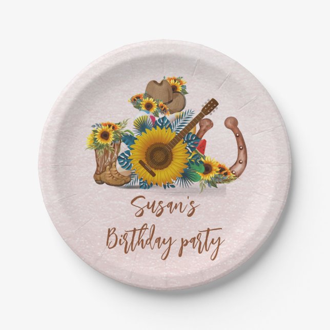Assiettes En Carton Boho Western Guitare Tournesols fête d'anniversair (Devant)