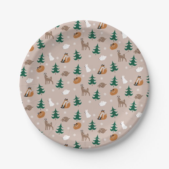 Assiettes En Carton Bois Animaux Neige Arbres couverts Motif (Devant)