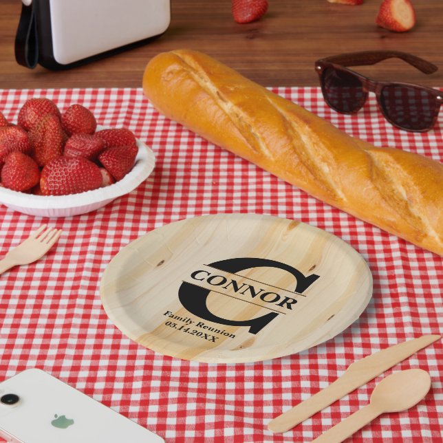 Assiettes En Carton Bois de bloc de monogramme Faux | Personnalisé (Pique-nique)